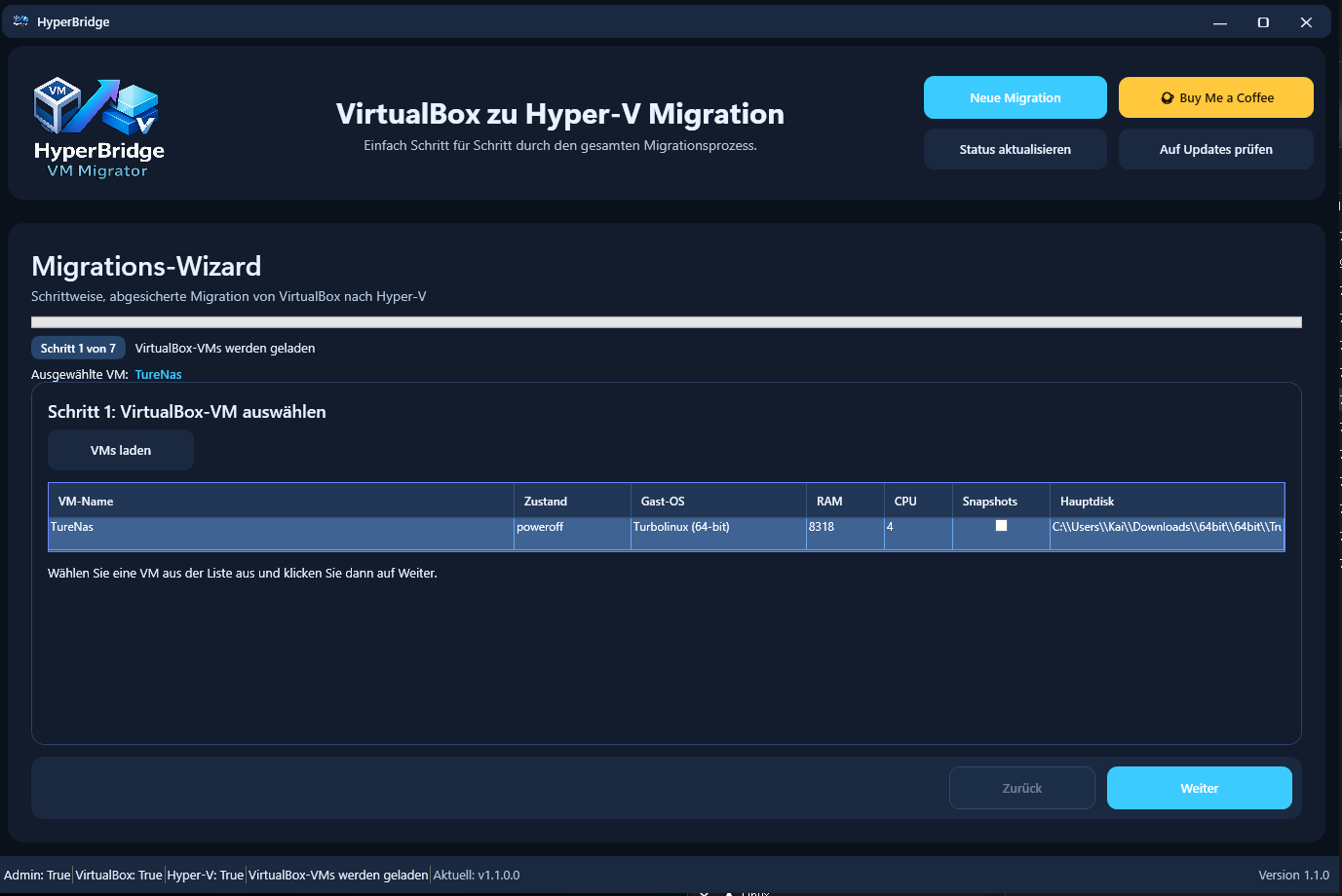 Screenshot von HyperBridge VM Migrator